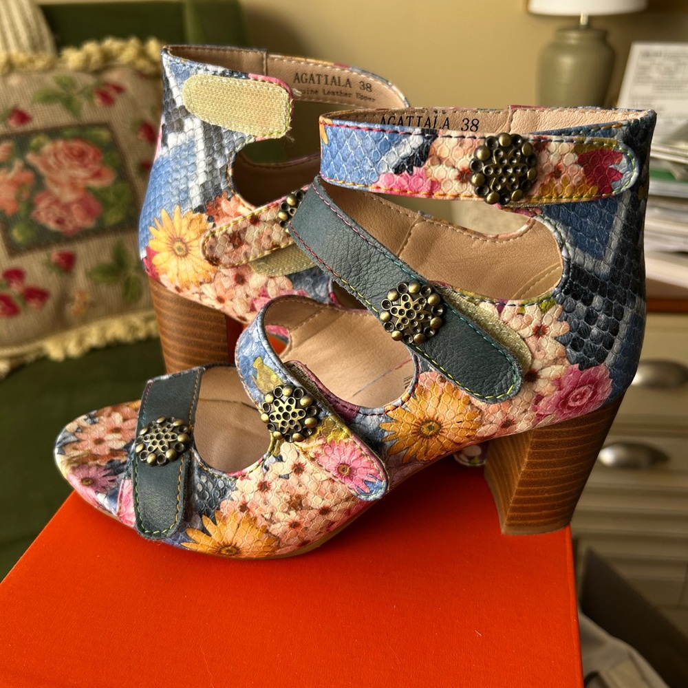 L'ATISTE Blue and Pink Heels with Chunky Design. Velcro adjustment.